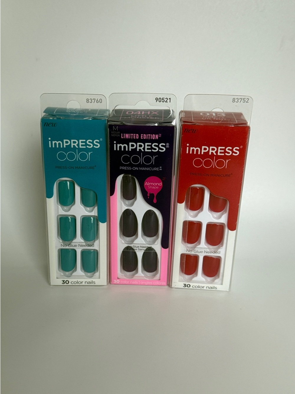 Set of 3 imPRESS Color Press-On Manicure Nails - Teal, Dark Purple, Red BNIBs